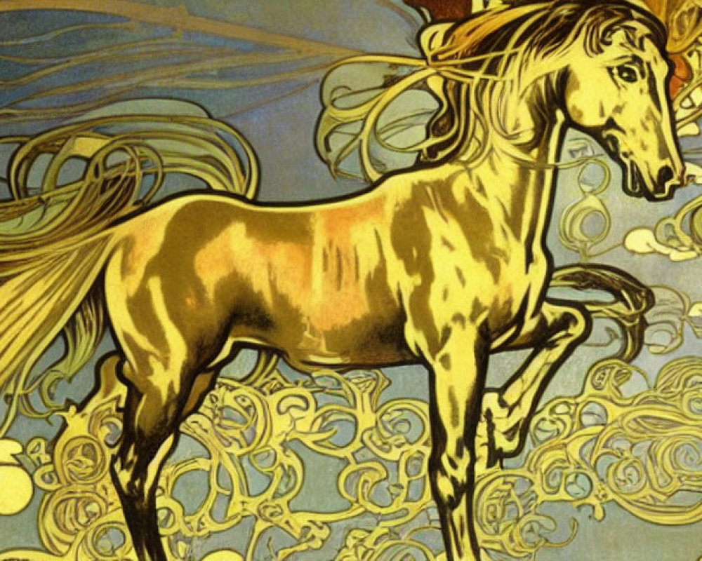 Golden horse illustration in Art Nouveau style with intricate patterns.