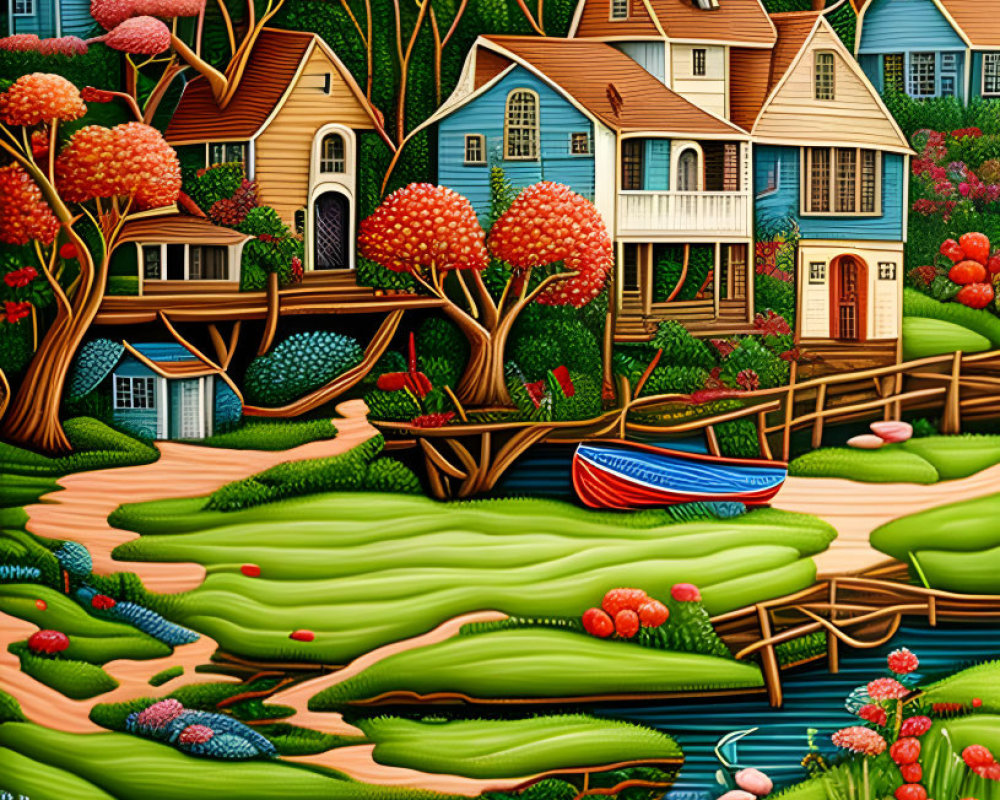 Colorful Stylized Landscape with Whimsical Houses and River