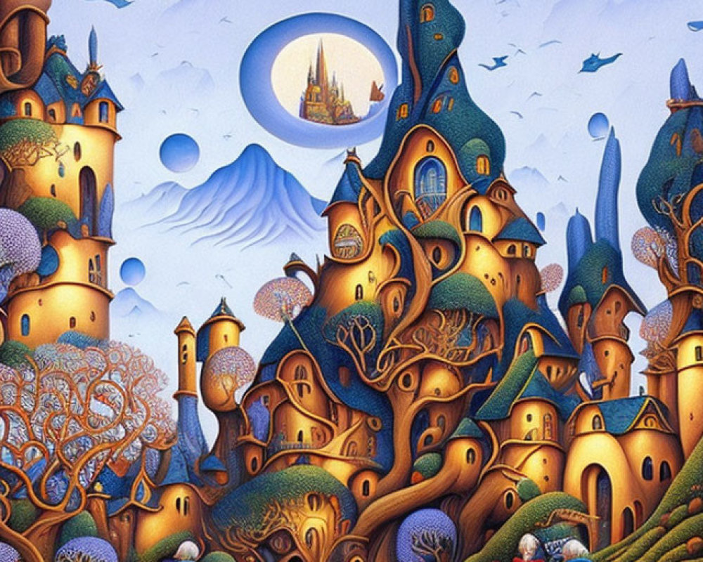 Fantastical tree-like castle in serene blue landscape