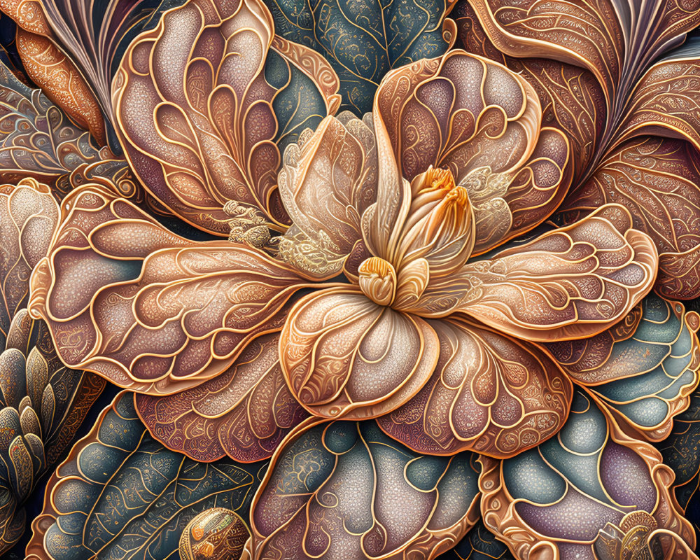 Detailed Illustration of Ornate Flowers in Orange, Gold, and Blue