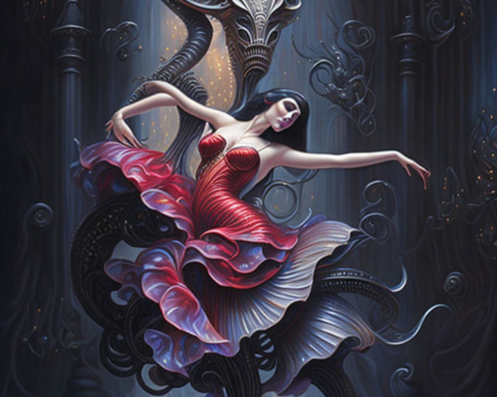 Graceful dancer in red and black dress surrounded by intricate swirling patterns