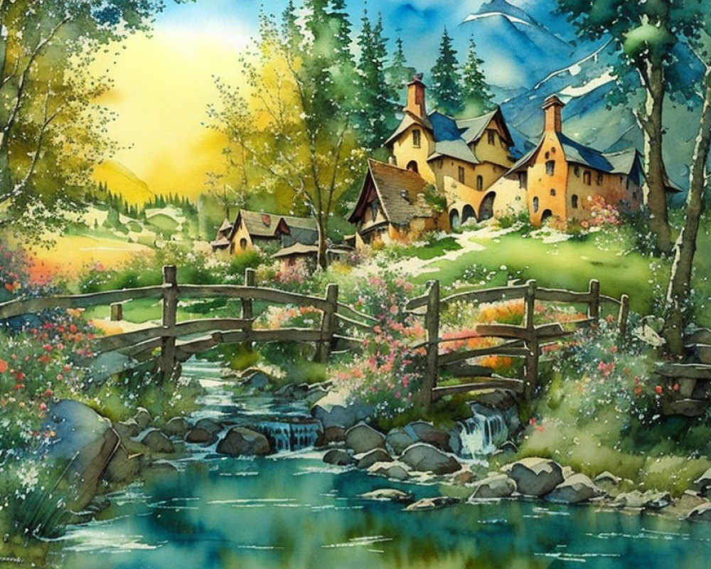 Tranquil watercolor painting of village by stream & mountains