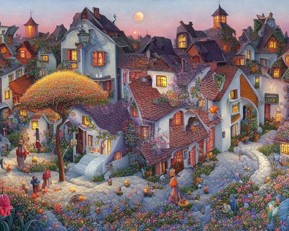 Colorful whimsical village with quaint houses and cobblestone paths at twilight