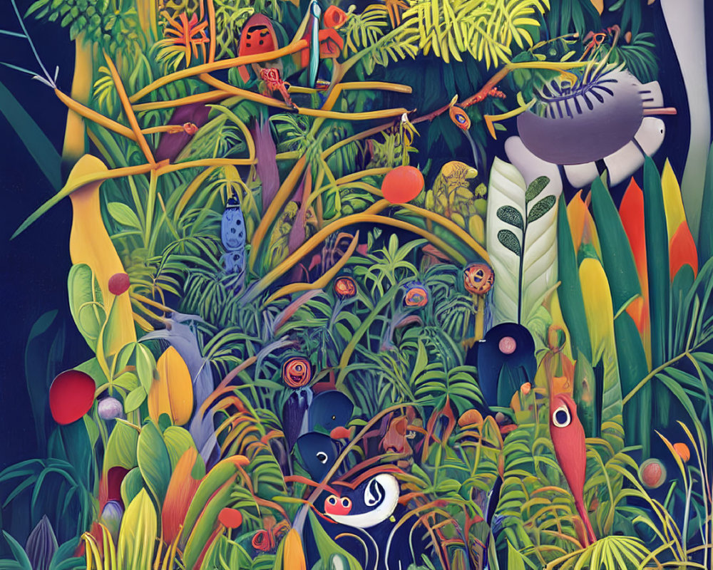 Colorful Jungle Scene with Stylized Animals and Lush Flora