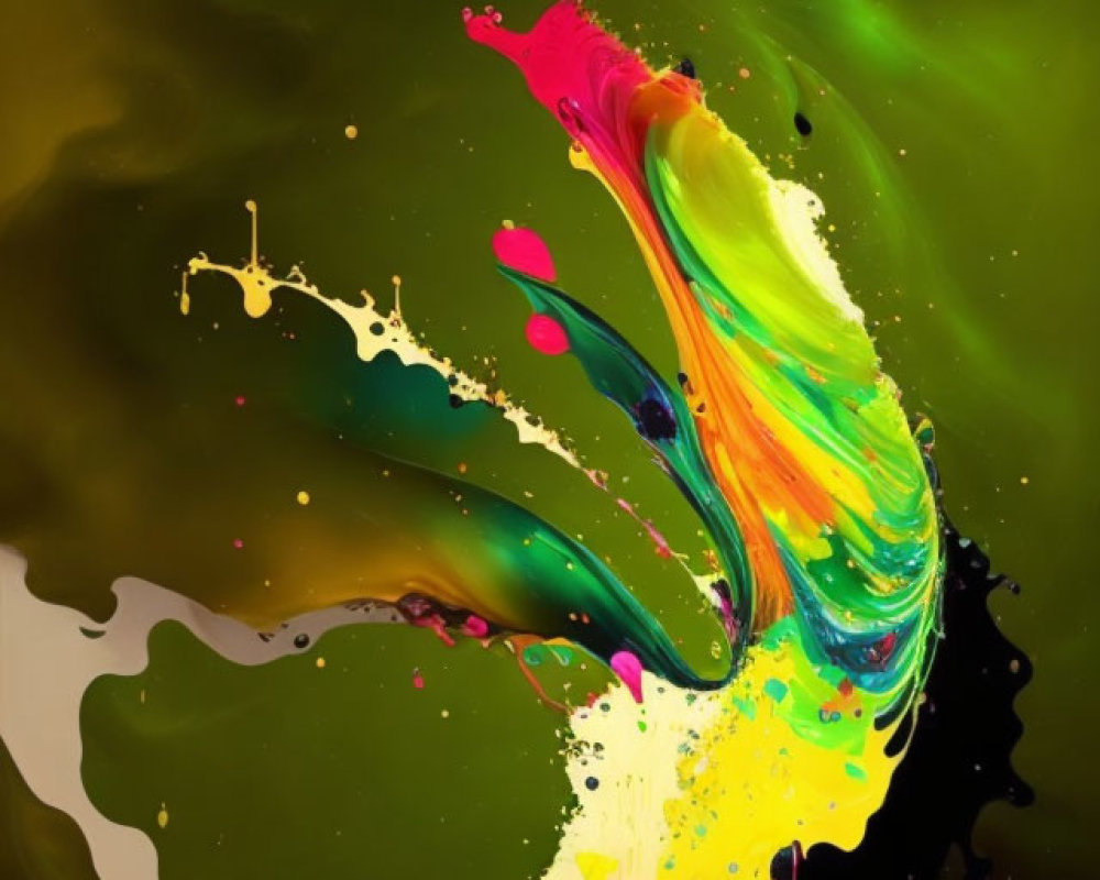 Colorful paint splashes frozen in motion on dark green backdrop