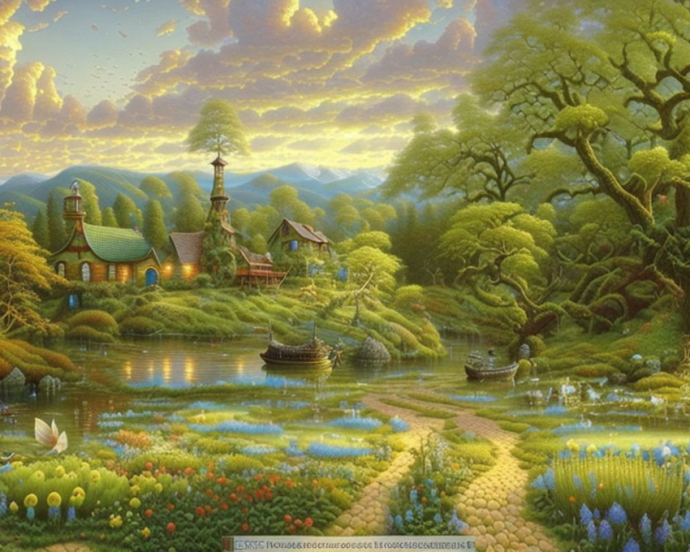 Tranquil landscape painting of lush village with cottages, flower beds, pond, boats, and