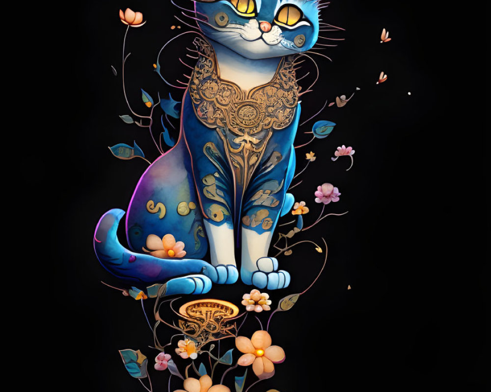 Stylized blue and purple cat with golden patterns on vine against black background