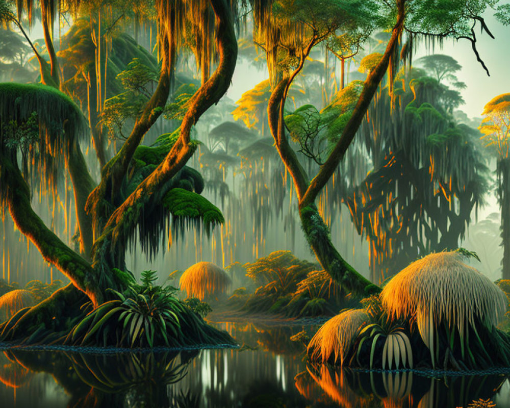 Enchanting forest with hanging moss, lush greenery, dense trees, and reflective water.