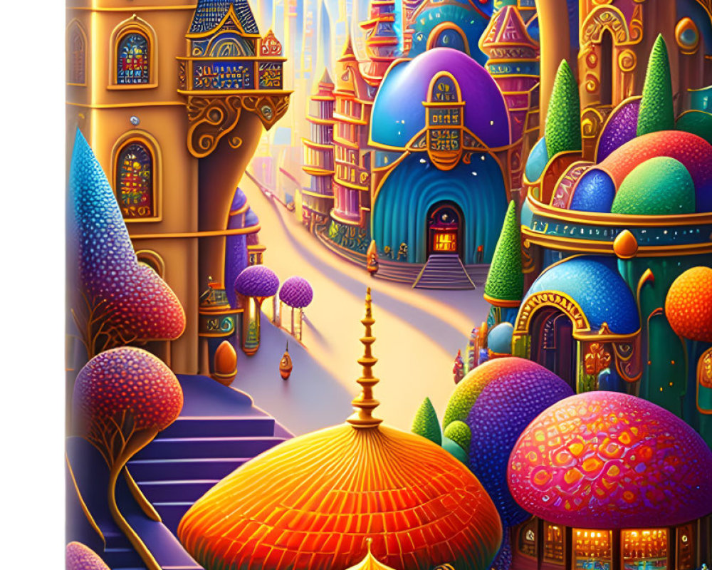 Colorful domed buildings in whimsical cityscape illustration