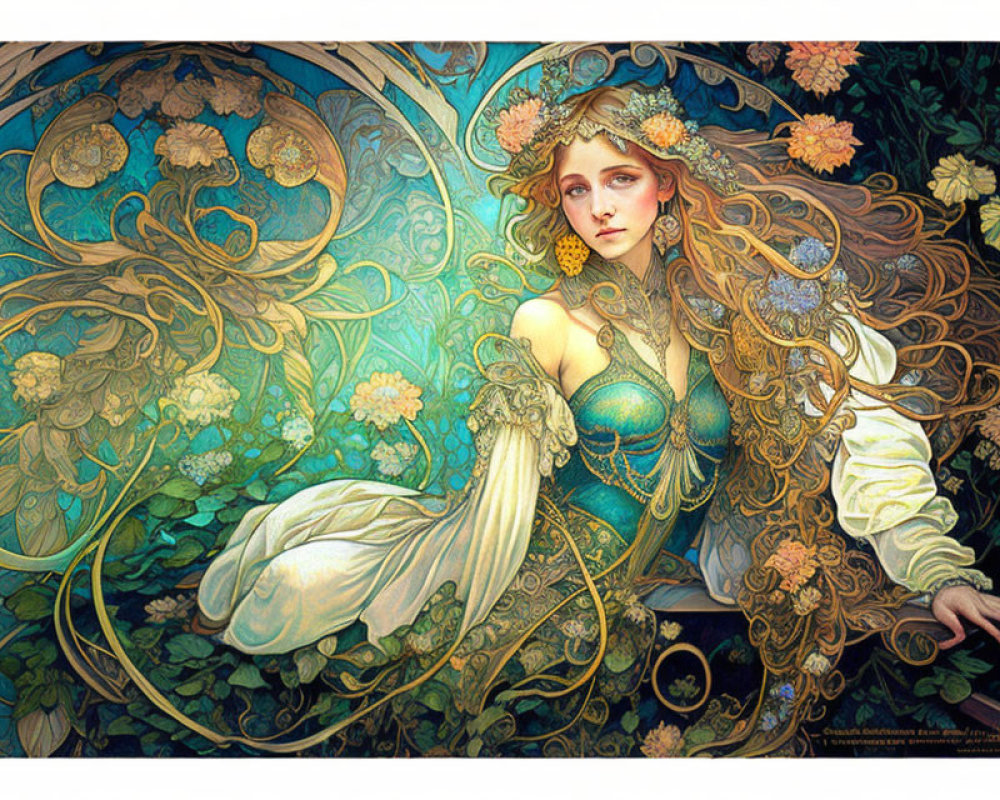 Detailed artwork of woman with flowing hair in ornate floral design in blues, greens, and golds