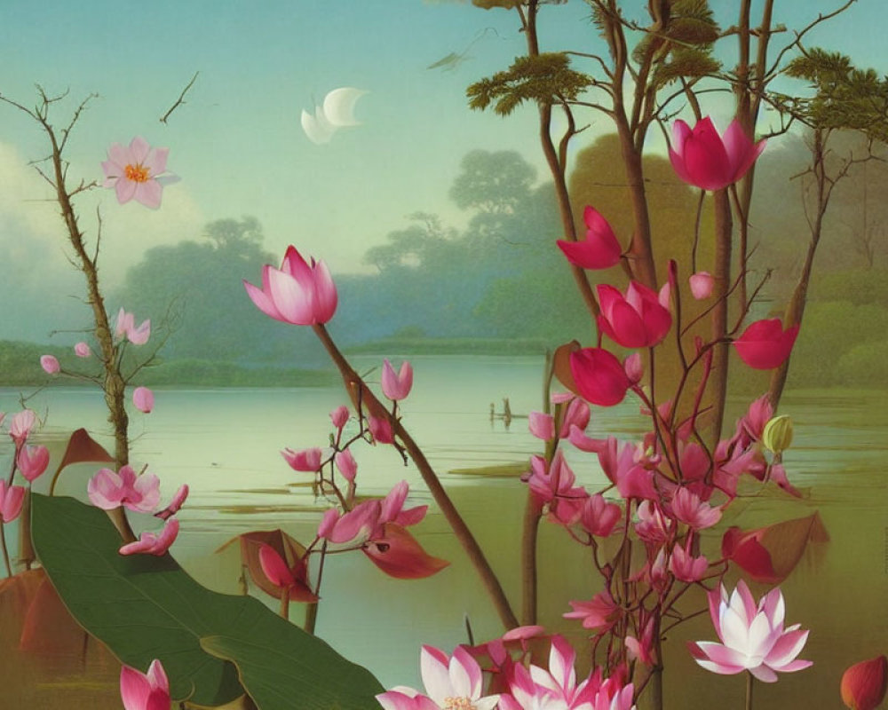 Tranquil lake scene with pink lotus flowers, serene trees, crescent moon.