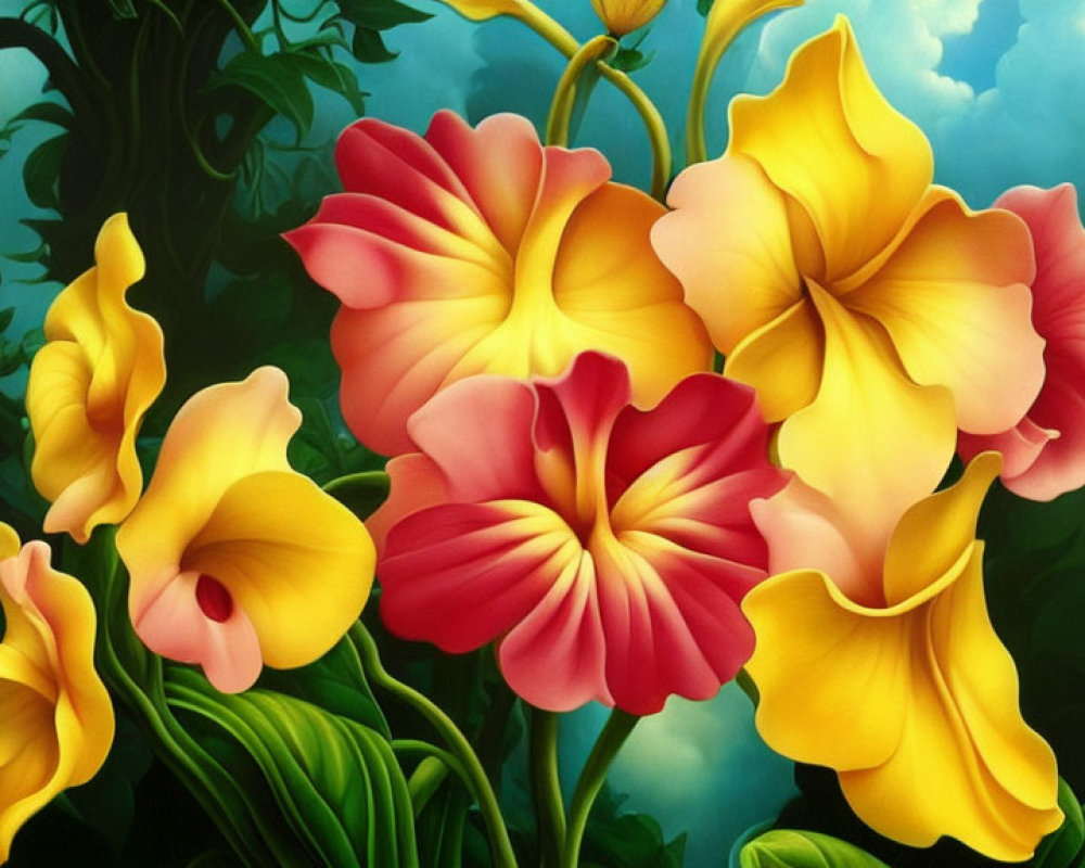 Vibrant Yellow and Pink Flowers with Green Leaves on Blue Background