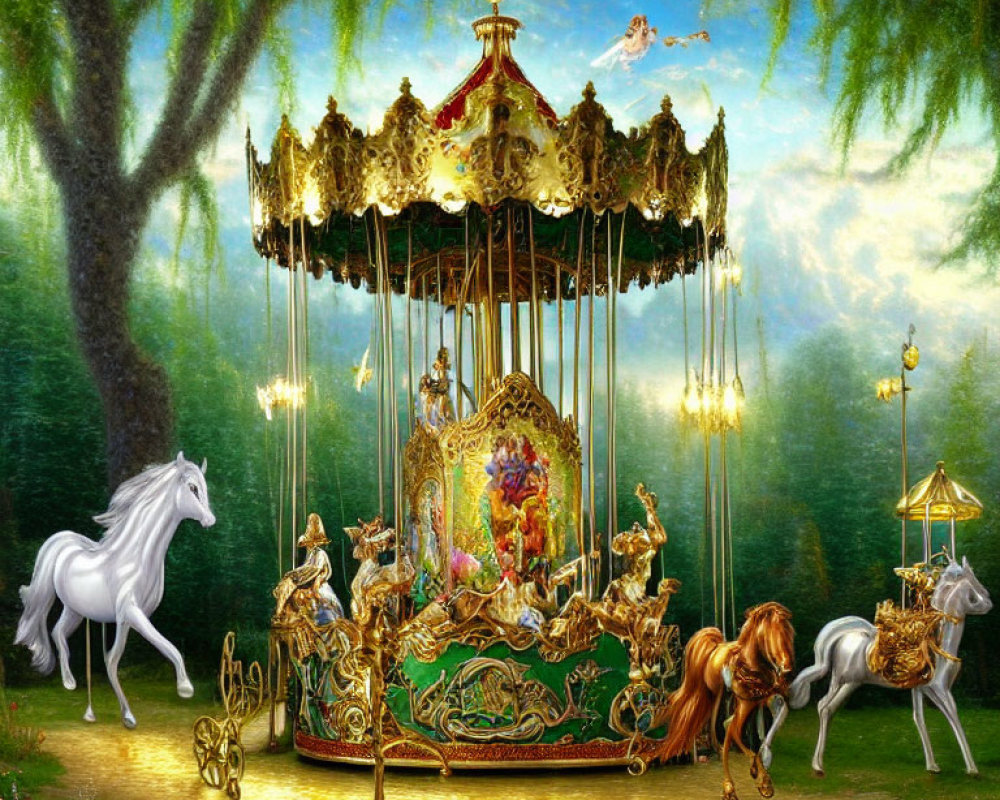 Colorful carousel with golden ornamentation and mythical horses in forest clearing