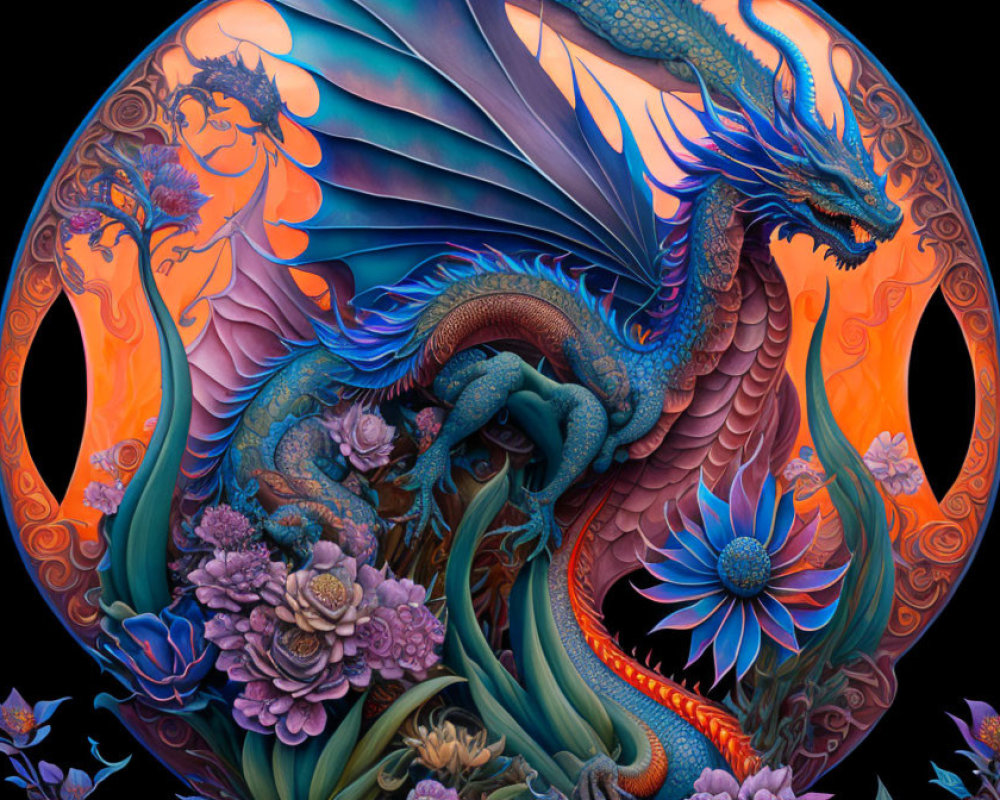 Colorful Blue Dragon Artwork with Orange Details and Floral Motifs on Dark Background