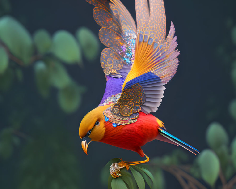 Colorful digital artwork: fantastical bird with orange and blue plumage among green leaves