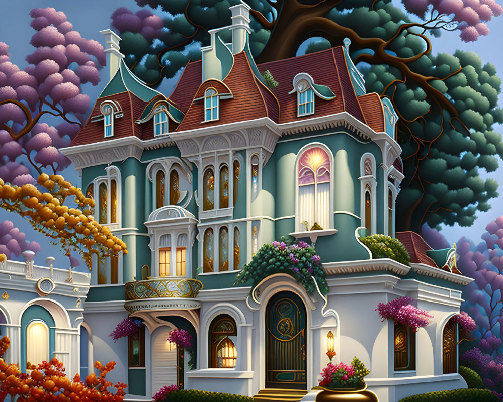 Victorian-style house illustration with whimsical trees and ornate details