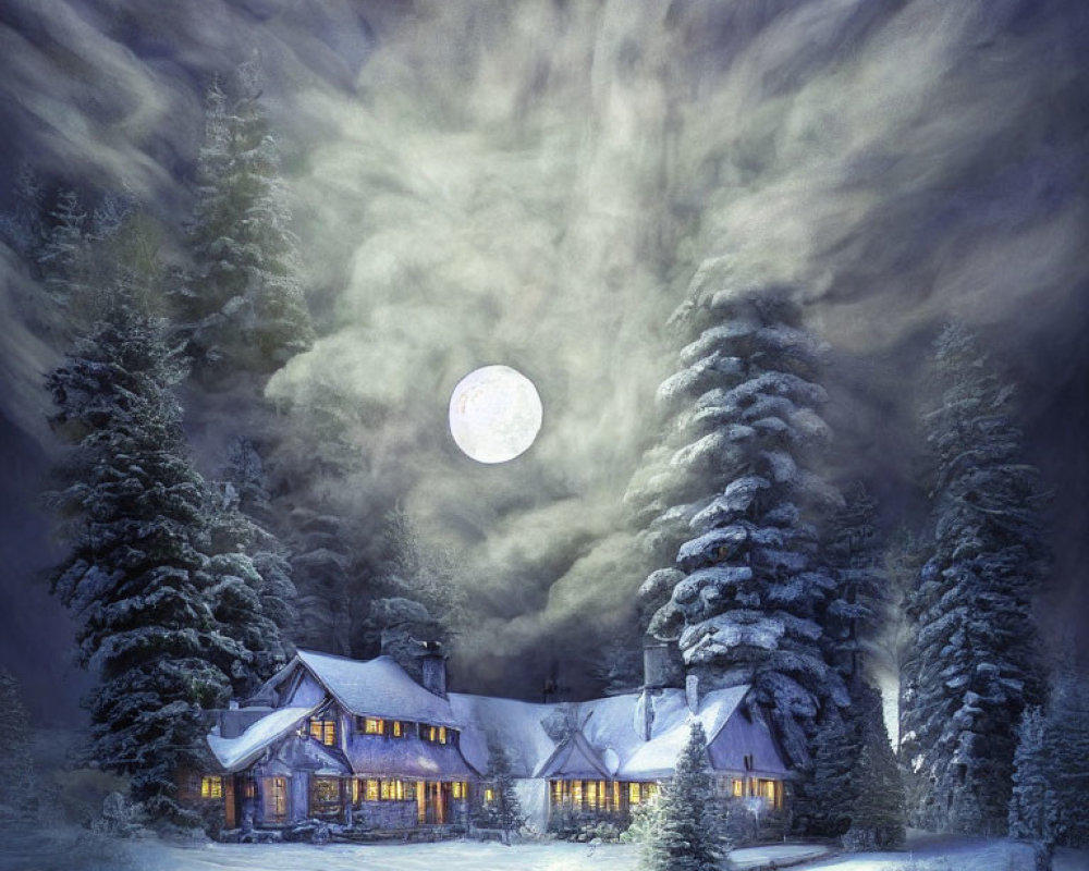 Snow-covered trees surround cozy cottage under full moon on wintry night.