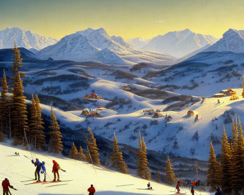 Skiers on Snow-Covered Slope with Pine Trees and Mountain Peaks