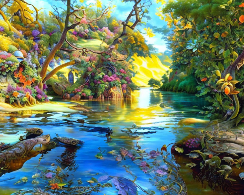 Lush trees, blooming flowers, serene river, ducks in vibrant landscape