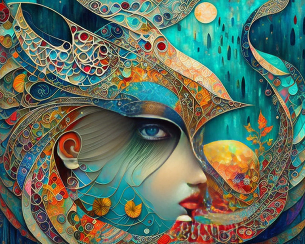 Surrealist artwork of woman's face with ornate patterns in vibrant colors