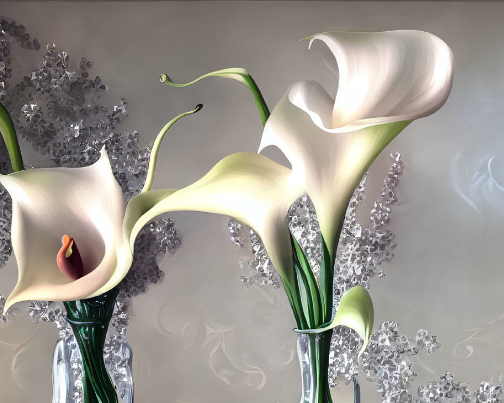 Three Calla Lilies in Vase on Textured Grey Background