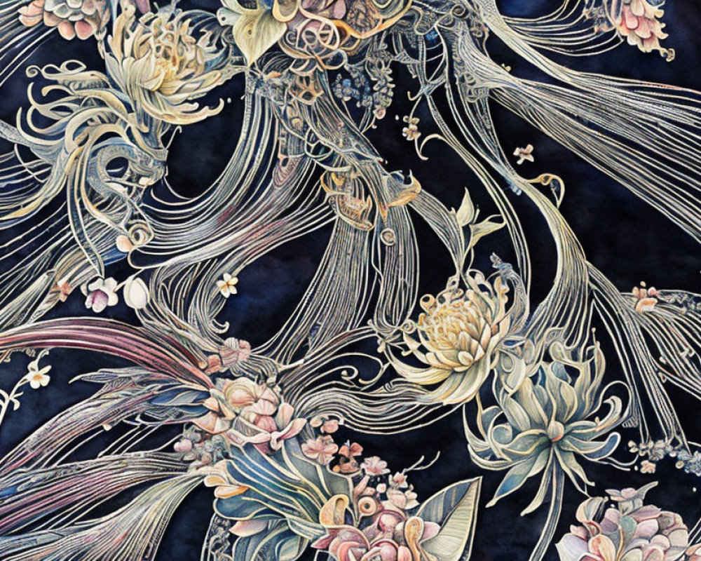 Detailed floral pattern artwork in whites, creams, and muted colors on dark background