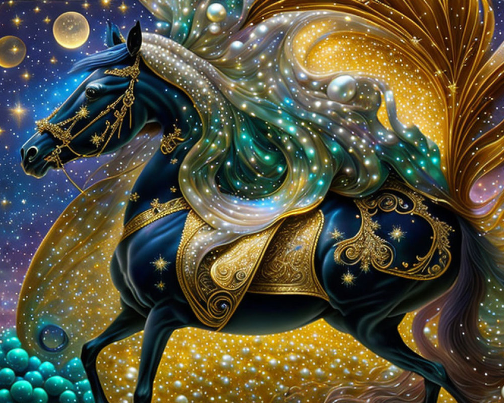 Majestic black horse with star-adorned mane in cosmic scene