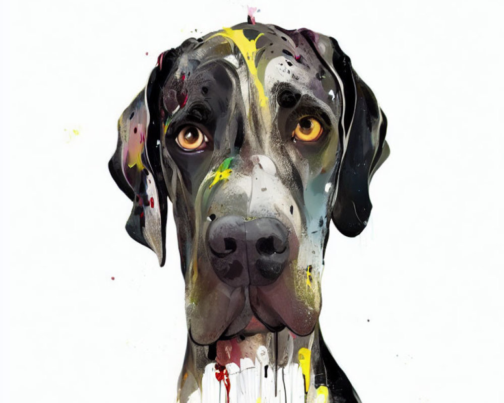 Vibrant Great Dane portrait with colorful paint splashes