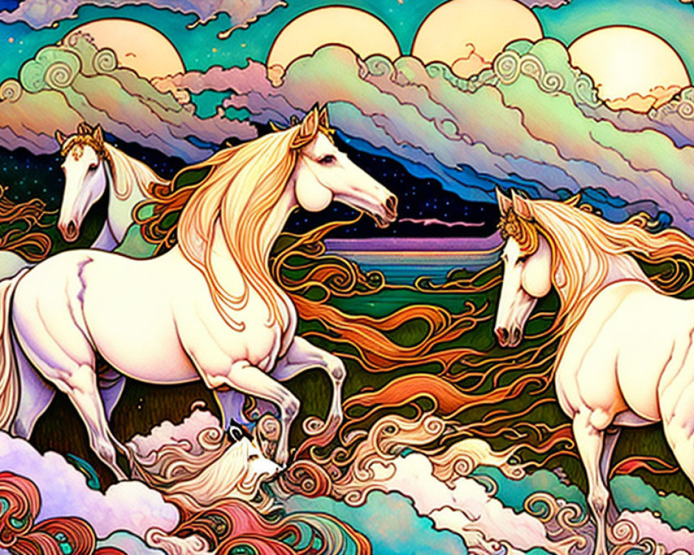 Colorful illustration: Two white horses in vibrant sunset scene