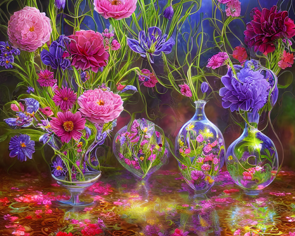 Colorful Flower Bouquet in Glass Vases Reflecting on Glossy Surface