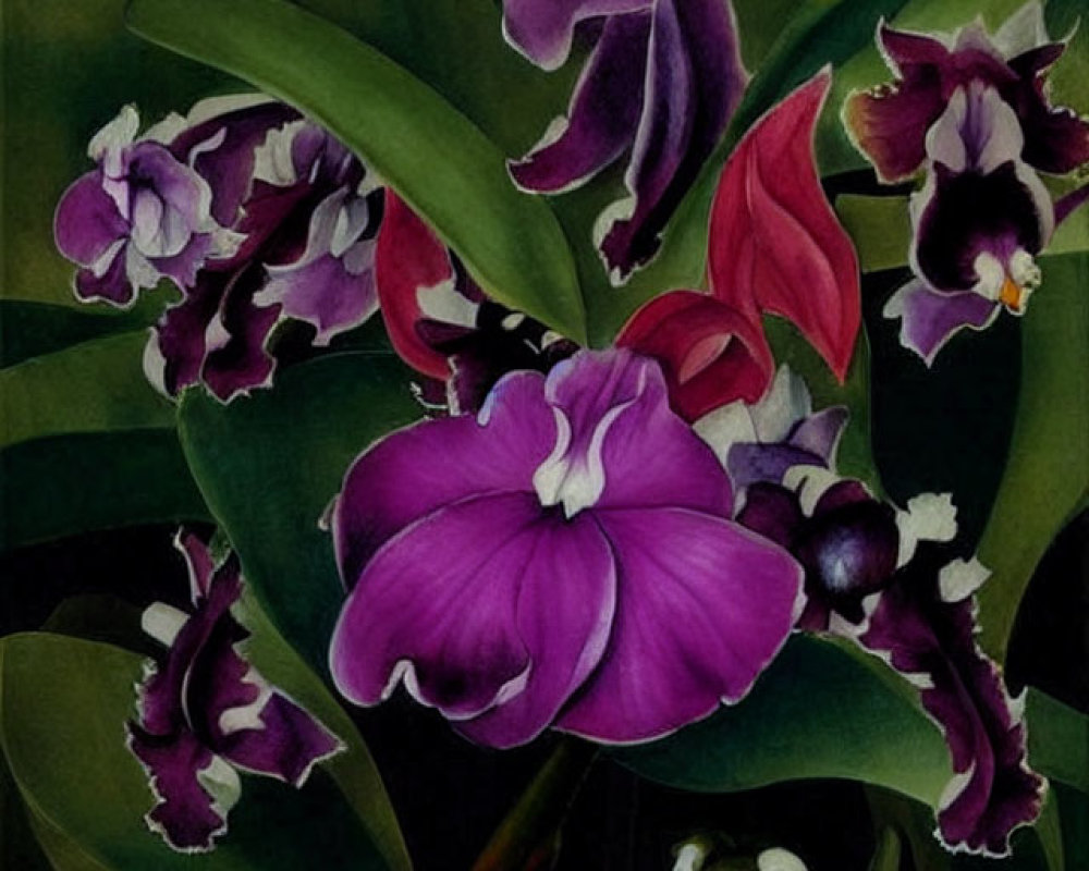 Colorful Purple and White Orchids with Green Leaves on Dark Background