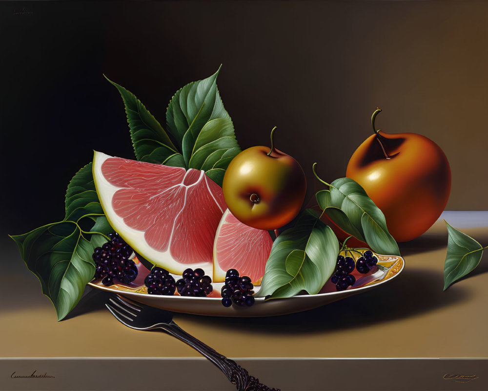 Colorful still life painting with grapefruit, apples, blackberries, leaves, and fork on reflective