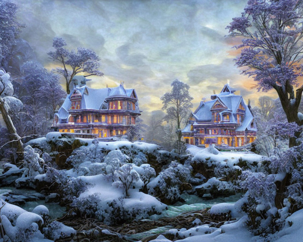 Victorian-style houses in snowy twilight landscape with frost-covered trees