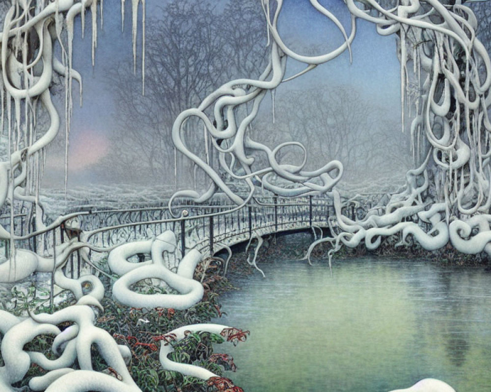 Tranquil river with snow-covered vines on quaint bridge