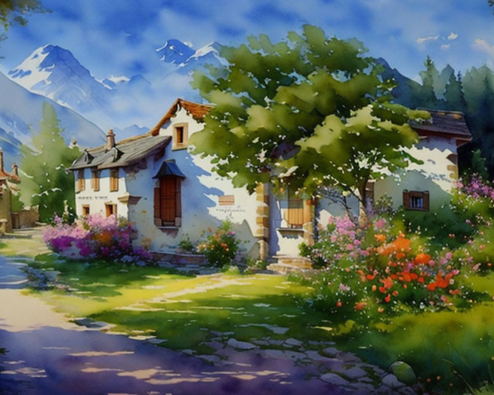 Tranquil watercolor painting of a village with lush tree and mountains