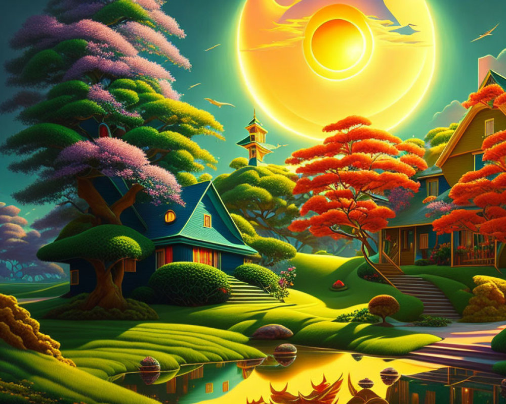 Colorful Fantasy Landscape with Sun, Trees, Lake, and Whimsical Architecture