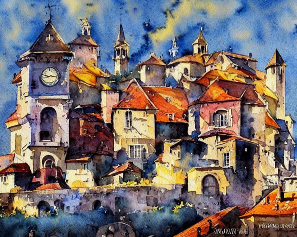 European Village Watercolor Painting with Clock Tower