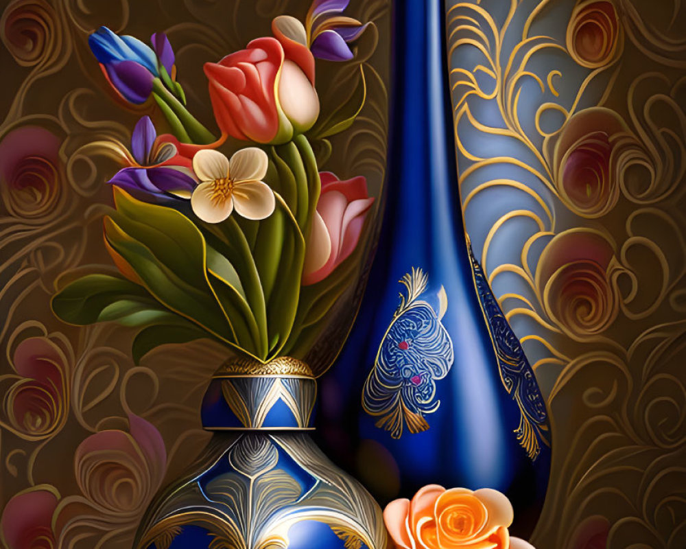 Ornate blue vase and flowers on gold background art piece