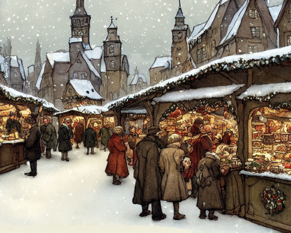 Snow-covered traditional Christmas market at dusk