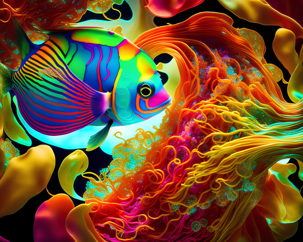 Vibrant digital artwork of stylized fish in abstract, marine-themed setting