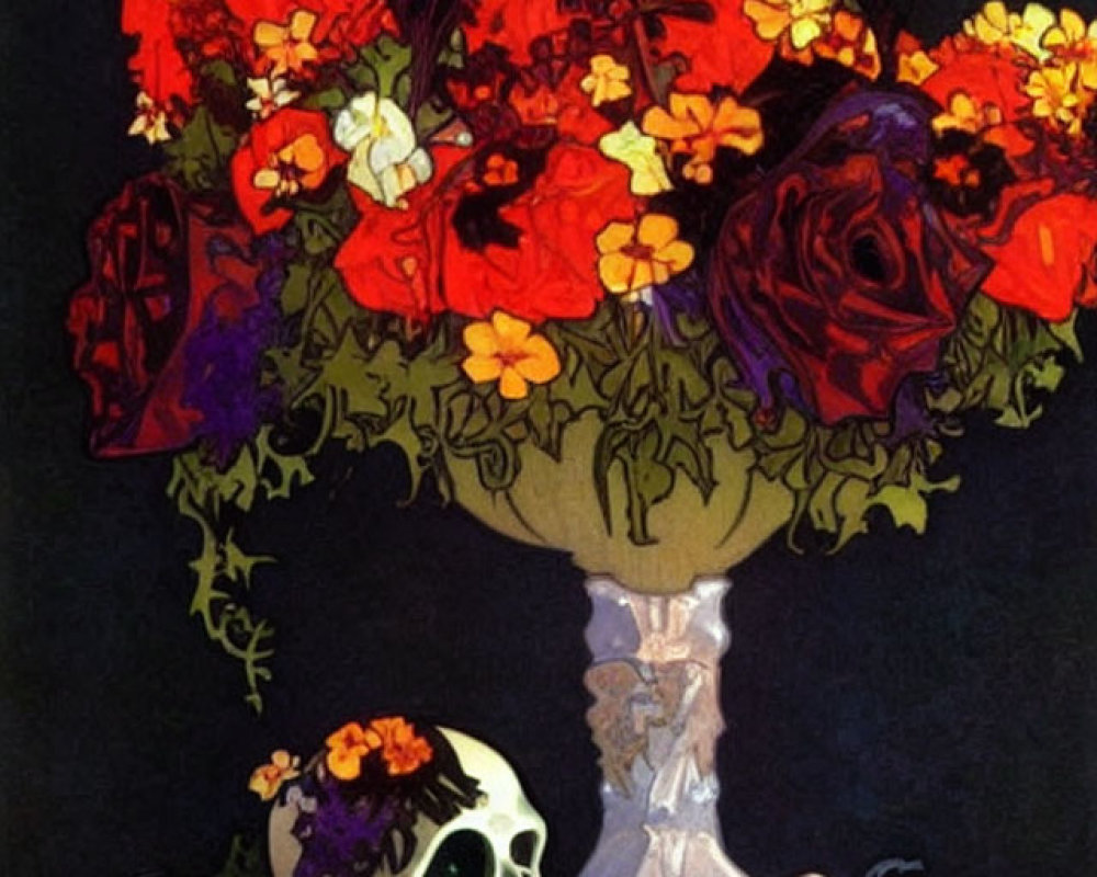 Colorful bouquet of flowers with skull and hand in classic vase on dark background