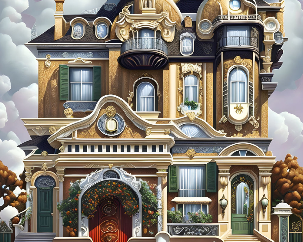 Intricate surreal building with gold accents and whimsical architecture