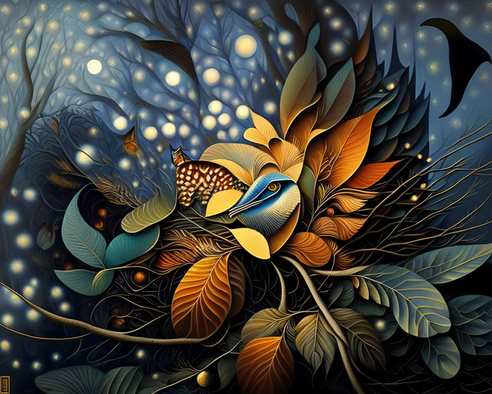 Fantastical bird surrounded by autumn leaves and glowing orbs under starlit sky