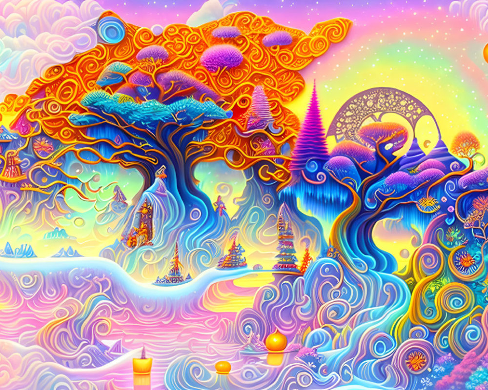 Colorful psychedelic landscape with swirling patterns and floating orbs