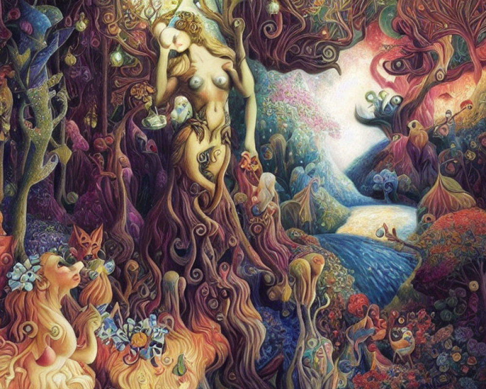 Colorful Psychedelic Forest with Nude Figures and Whimsical Creatures