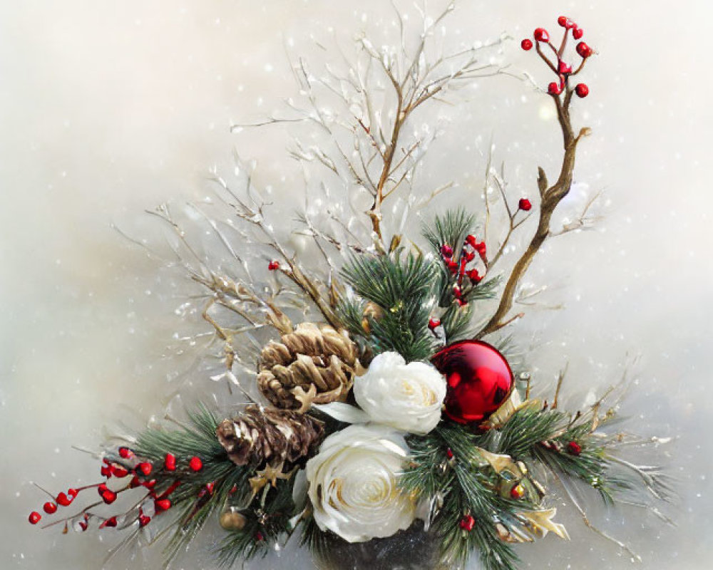 White Flowers, Red Berries, Pine Cones in Black Vase - Festive Winter Arrangement