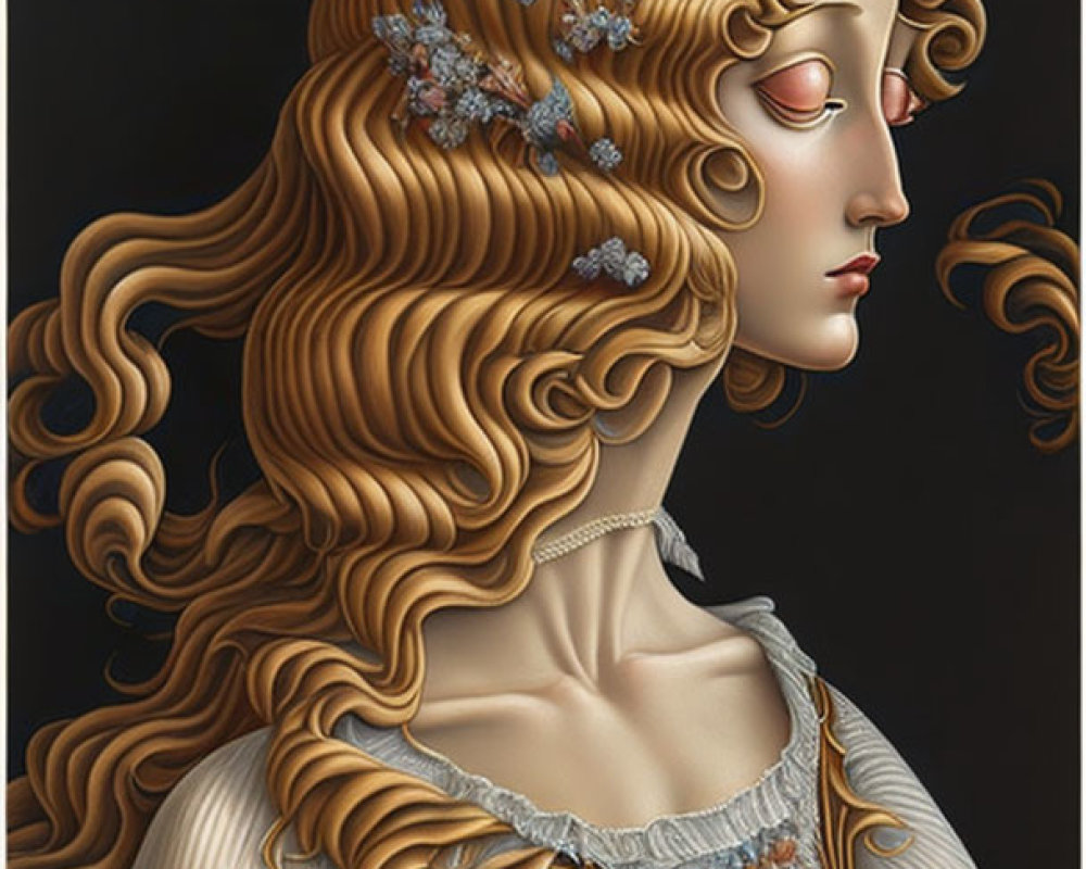 Detailed illustration: Woman with golden hair, flowers, jeweled headpiece on dark background