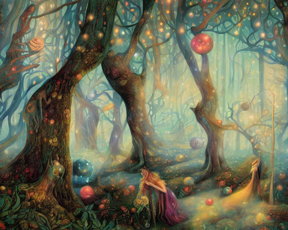 Enchanting forest with glowing orbs, oversized fruits, figure in purple cloak, twisted trees.