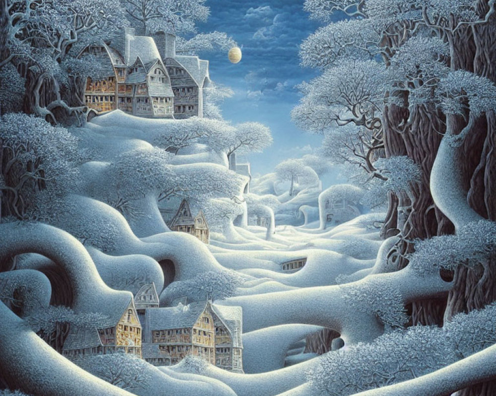 Snow-covered pathways and trees in surreal winter scene with houses under full moon