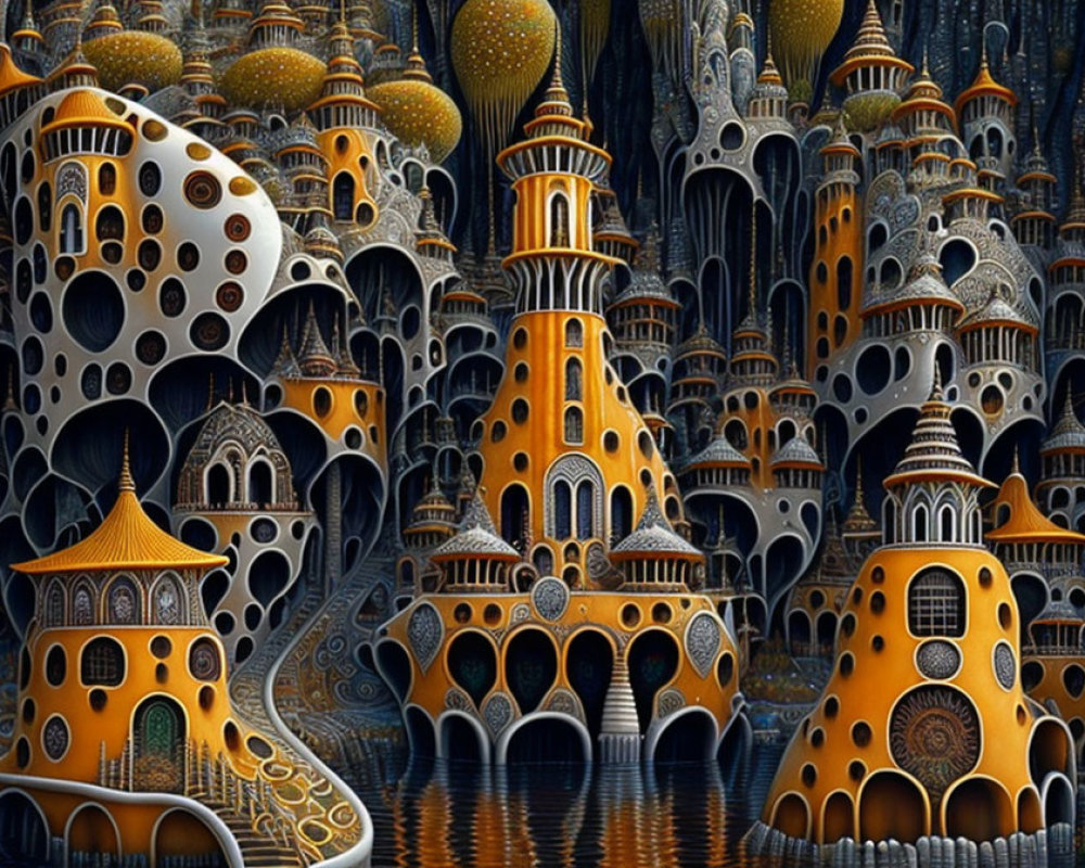 Intricate golden-domed structures in surreal organic landscape